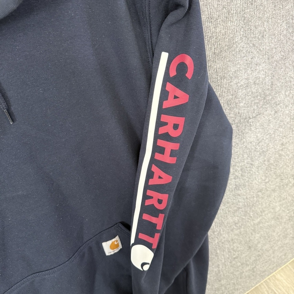 NWT Carhartt Mens XL Loose Fit Midweight Logo Sleeve Hoodie Navy - Picture 4 of 6